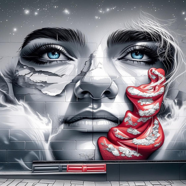 Artistic mural of a face with blue eyes, red tongue, and white smoke on a wall.