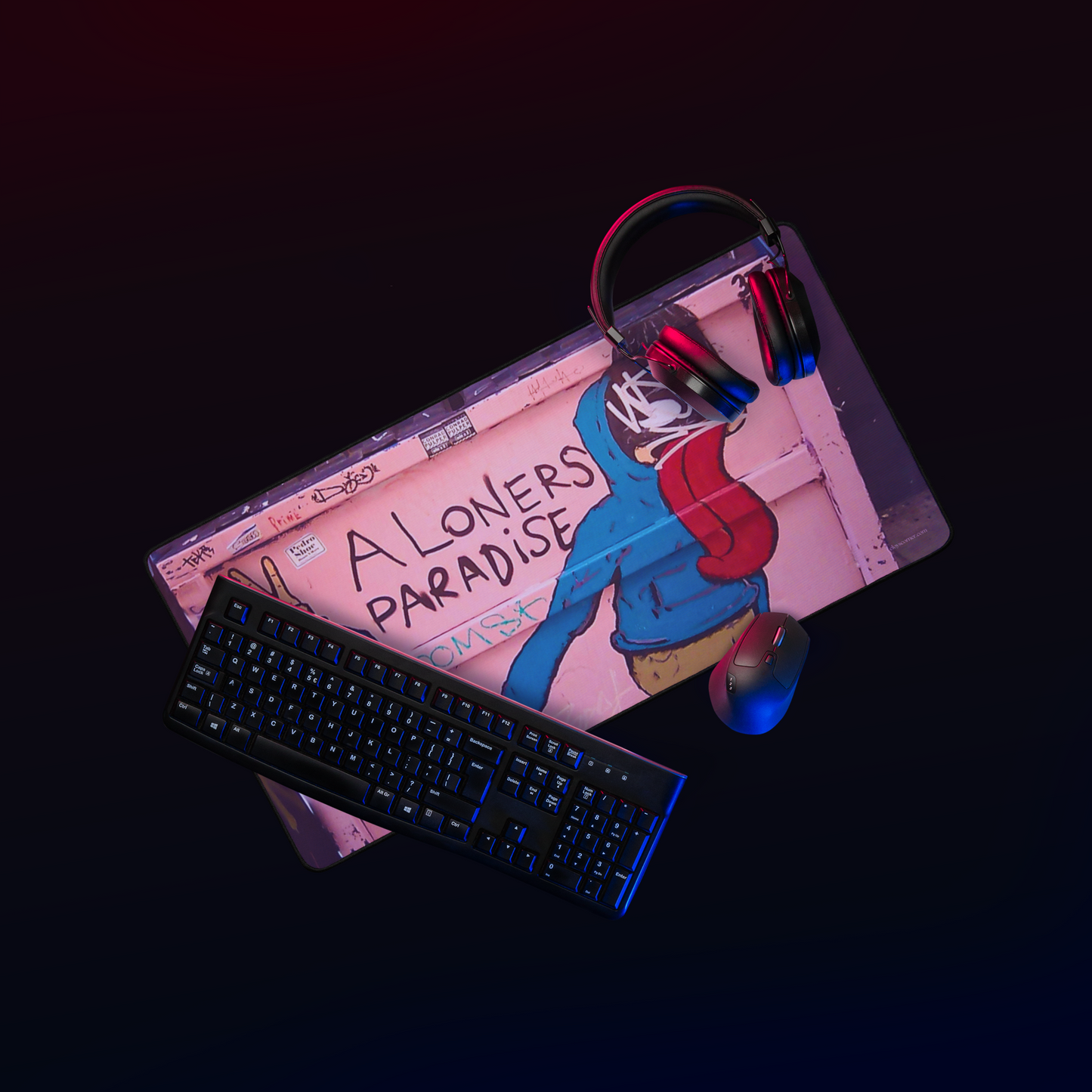 A Loner Paradise Street Graffiti Desk Mat – 16" x 32" – Anti-Slip Rubber, Smooth Polyester Top