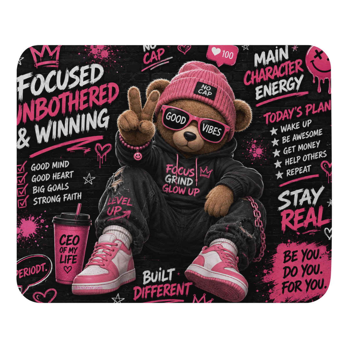 NO CAP Pink Bear Mouse Pad – 8.7" x 7.1" – Smooth Polyester, Non-Slip Rubber Base, Abstract Artistic Mouse Pad
