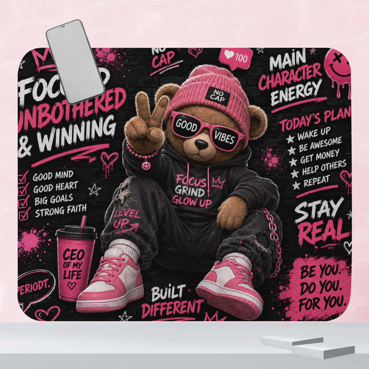 NO CAP Pink Bear Mouse Pad – 8.7" x 7.1" – Smooth Polyester, Non-Slip Rubber Base, Abstract Artistic Mouse Pad
